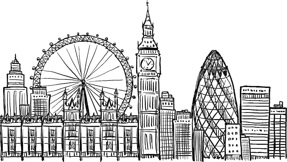 На раскраске изображено: Лондон, Достопримечательности, Лондонский глаз, Биг Бен, Архитектура