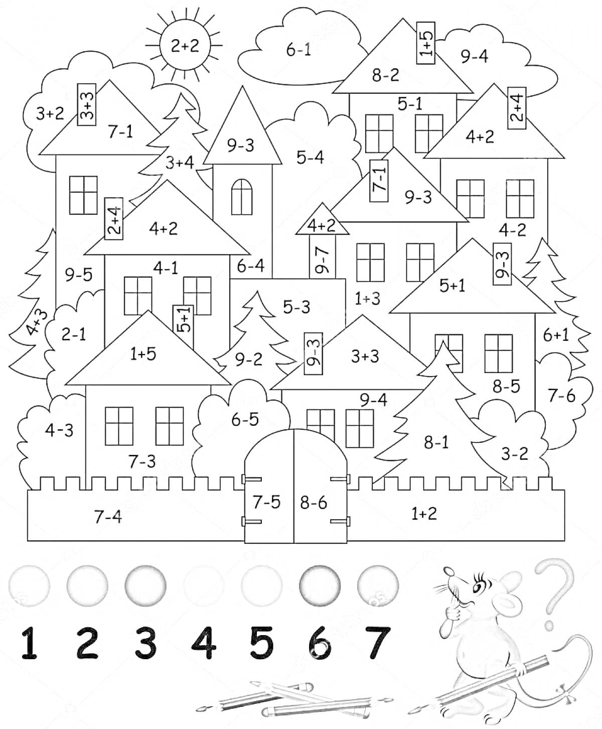 Раскраска Раскраска с математическими примерами на тему состав числа 7, изображающая замок с башнями, деревья, облака и мышь с вопросительным знаком и цветными карандашами