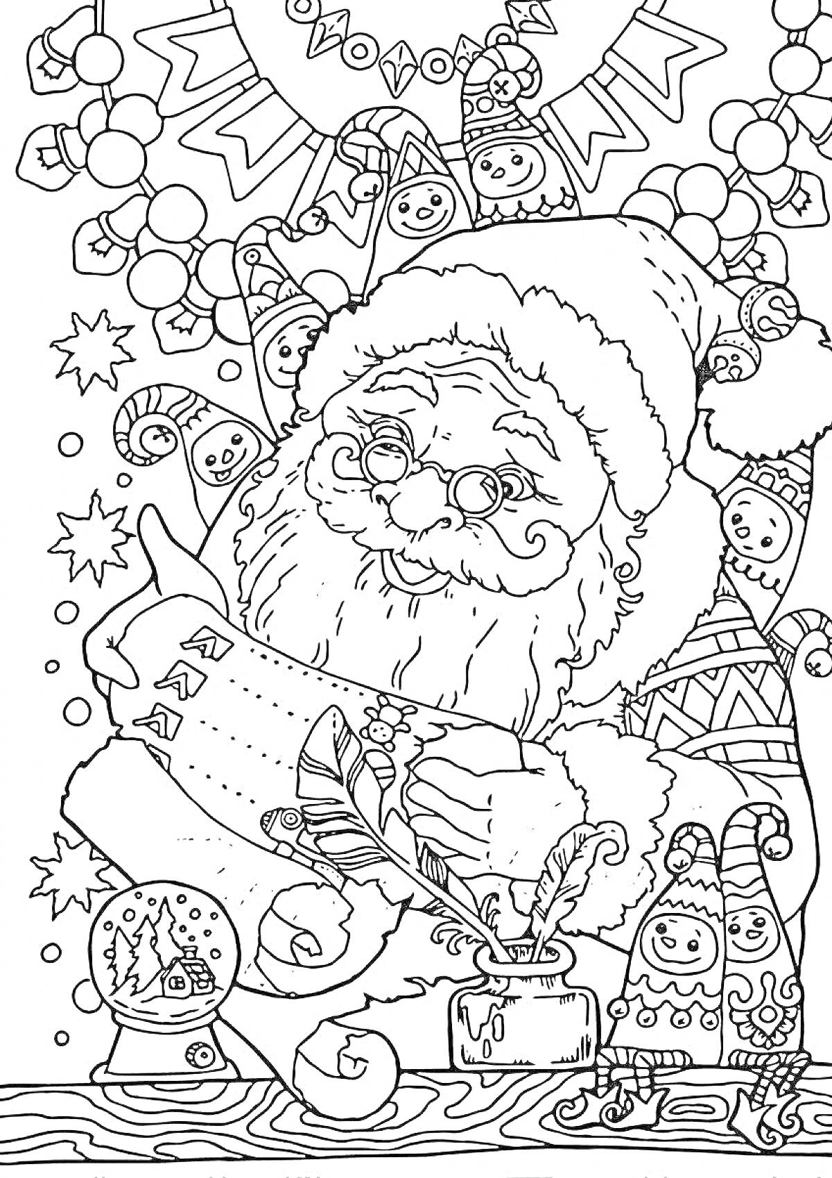 На раскраске изображено: Антистресс, Дед Мороз, Ёлочные игрушки, Снеговики, Чернильница, Гирлянда, Новый год