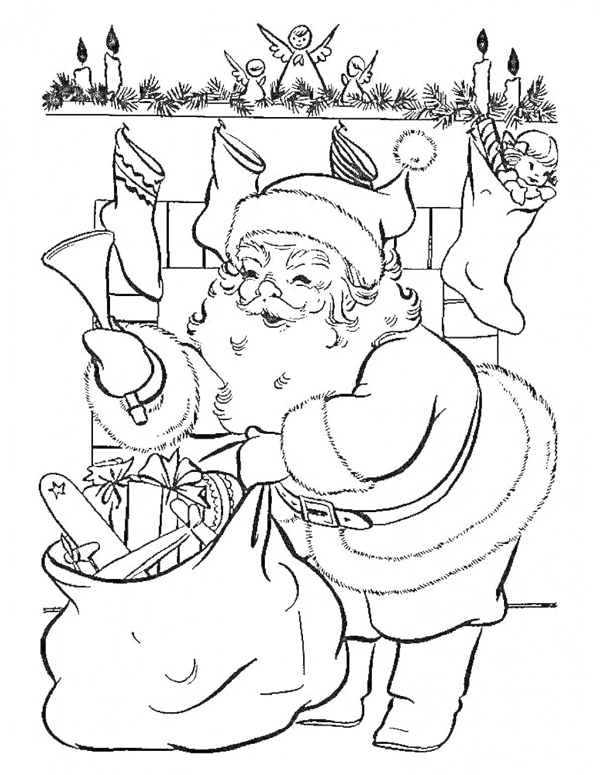 Раскраска Санта наполняет мешок подарками возле камина с рождественскими чулками, елочными украшениями и свечами