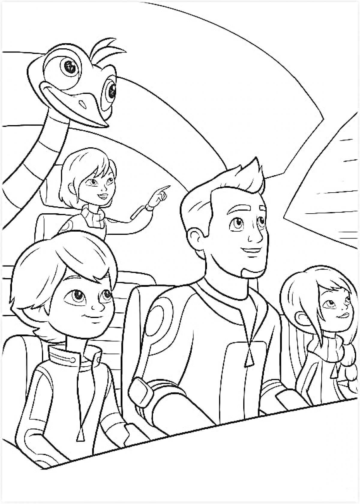 Майлз и команда в космическом корабле с роботом-страусом