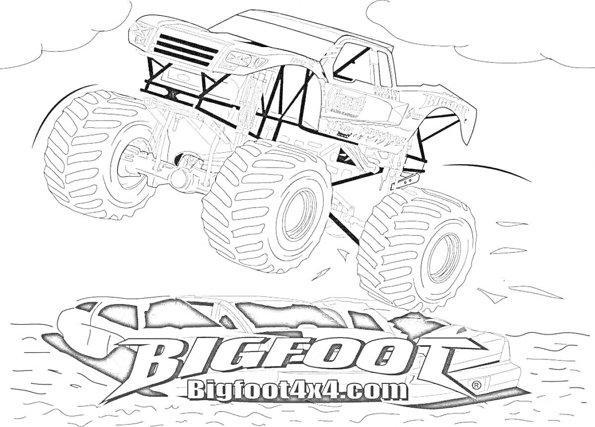 Раскраска Бигфут машина прыгает через разбитый лимузин с логотипом Bigfoot