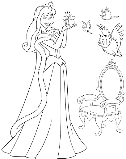 Раскраска Принцесса Аврора с подарком, птицами и креслом