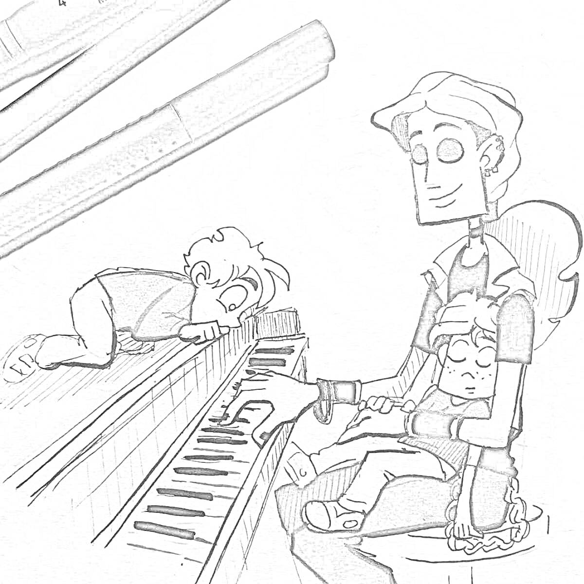 Раскраска с тремя персонажами из «Метал Фэмили», один из которых сидит на табурете, играет на пианино и держит одного из детей на коленях, второй ребенок лежит на пианино. На заднем плане лежат два маркера.