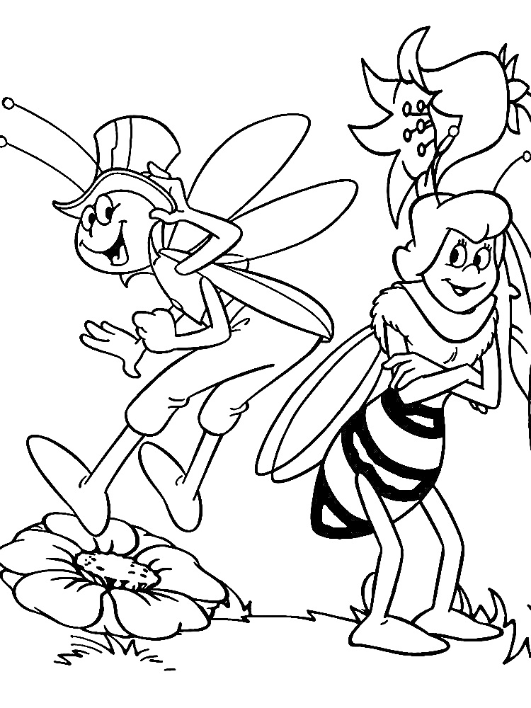 Раскраска Пчелка Майя и Вилли на цветке рядом с растениями