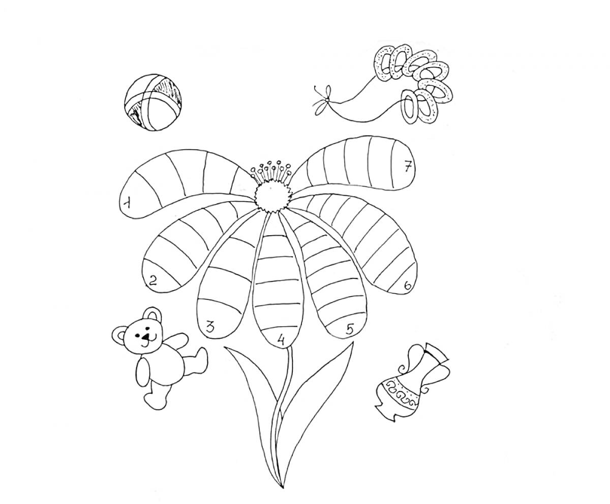 На раскраске изображено: Цветик семицветик, Медведь, Ваза, Цветы, Бант, Мячи