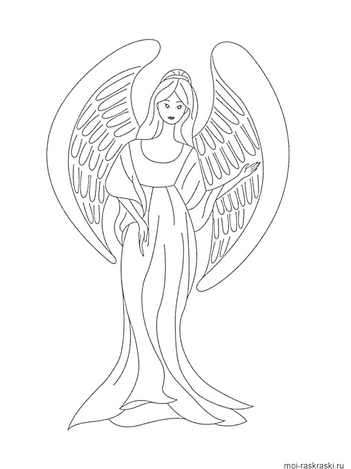 Раскраска Ангел с длинными распущенными волосами, большими крыльями и в длинном платье