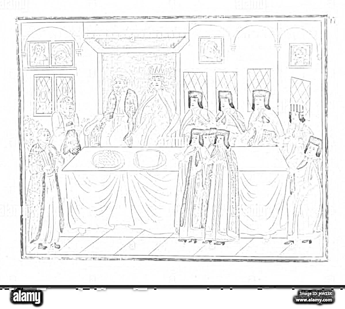 На раскраске изображено: Пир, Теремные палаты, Гости, Средневековье, Стол