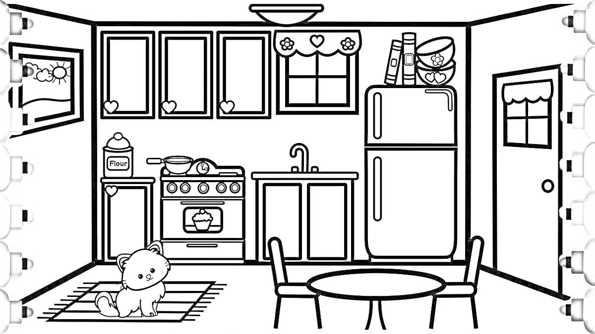 На раскраске изображено: Кухня, Холодильник, Плита, Раковина, Стол, Для детей, Окна, Стул, Кот