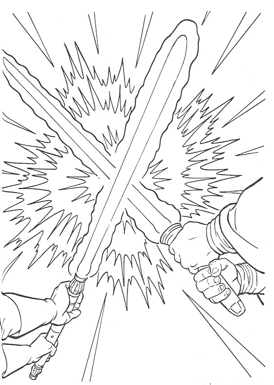 Раскраска Два пересекающихся световых меча в руках сражающихся людей