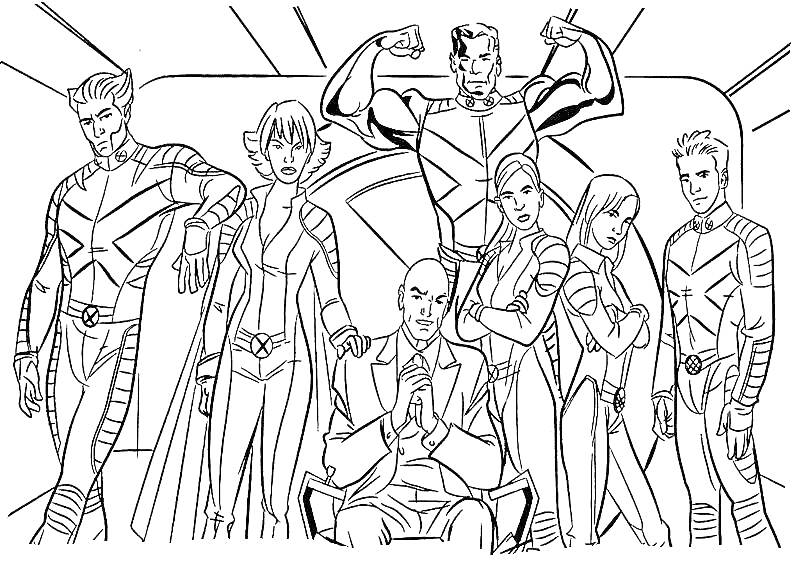 Раскраска Люди Икс: герои в костюмах на фоне логотипа X