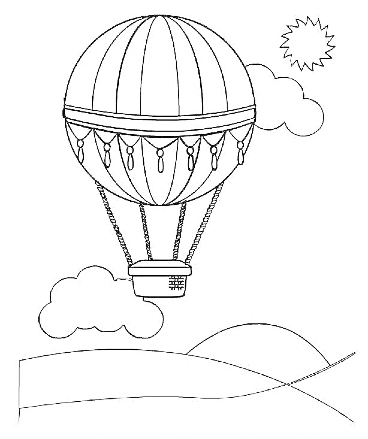 Раскраска воздушный шар, солнце, облака, холмы