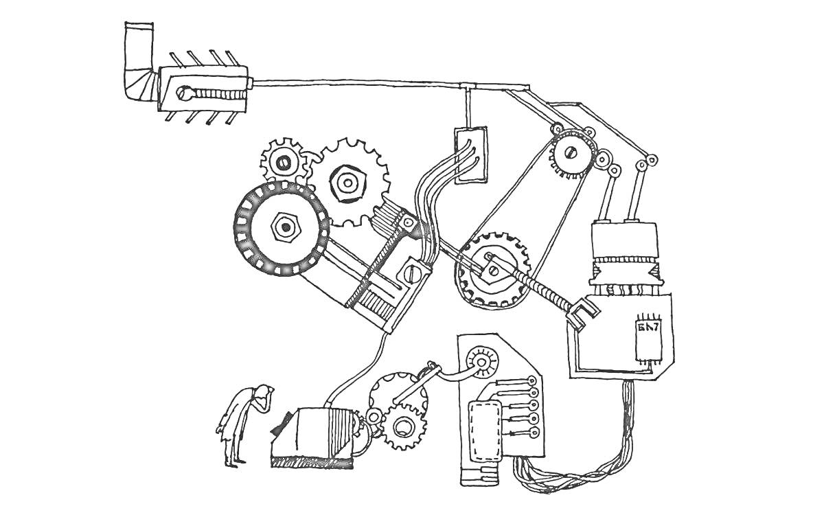 Раскраска Механизм с шестернями, поясами, цилиндрами и роботом