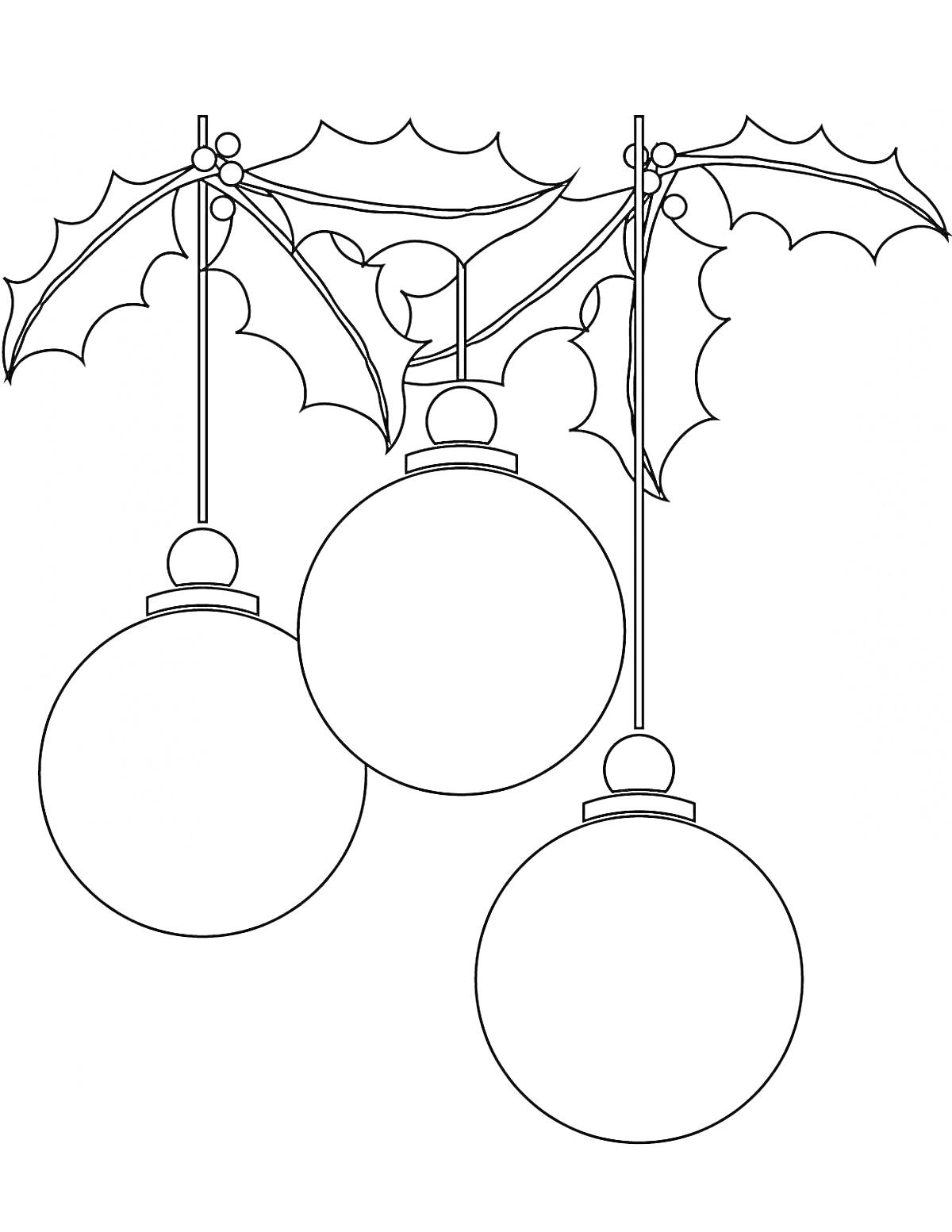 Три новогодних шара, подвешенные на ветке с листьями остролиста