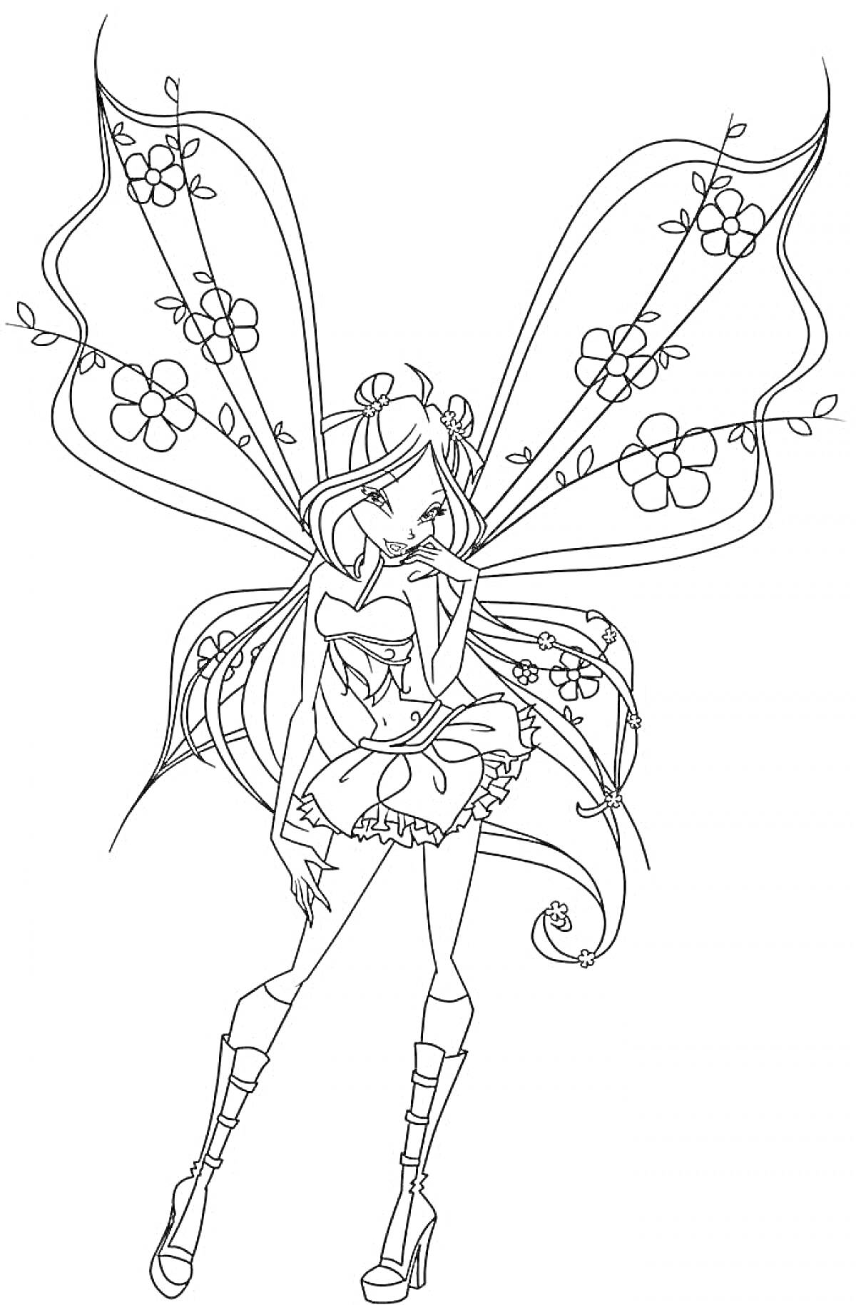 Раскраска Фея Винкс Беливикс с цветочными крыльями и длинными волосами