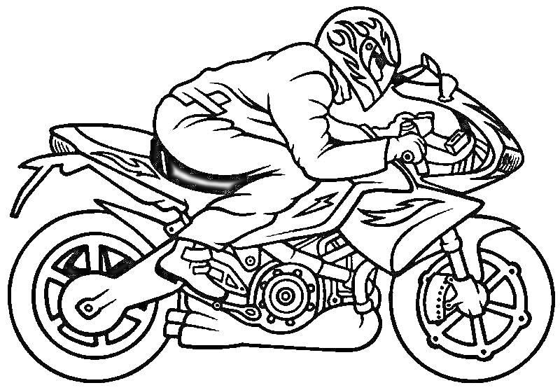 Раскраска Мотоциклист на спортивном мотоцикле, эскиз с деталями мотоцикла и гонщика в шлеме