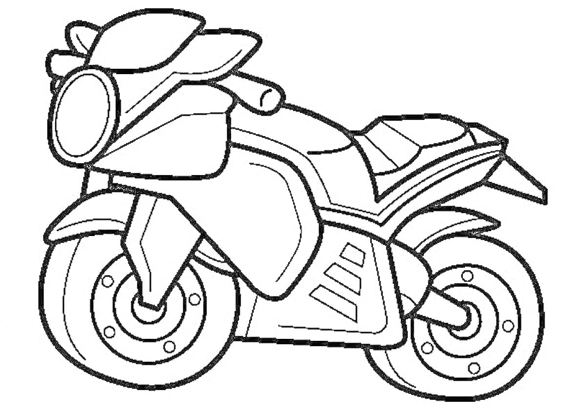 На раскраске изображено: Мотоцикл, Транспорт, Колёса, Обтекатель, 4 года, 5 лет, Мотор
