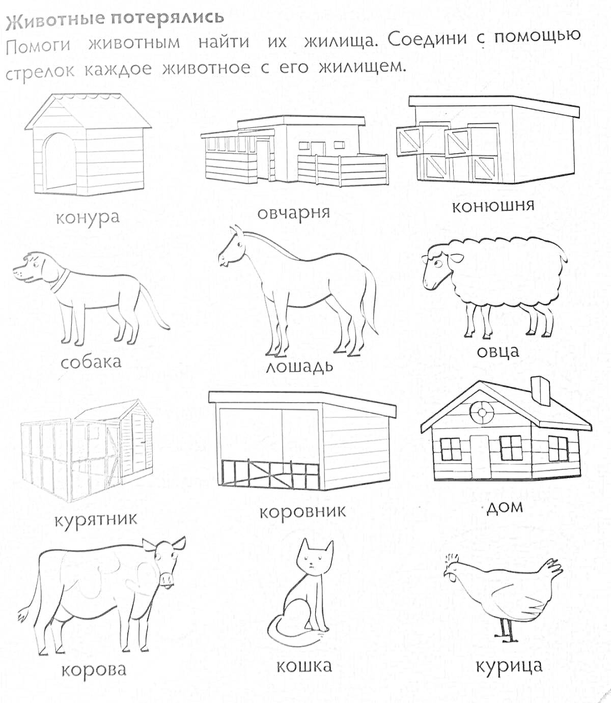 Раскраска Животные и их жилища (конура, овчарня, конюшня, курятник, коровник, дом)