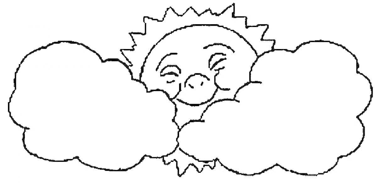 Раскраска Солнце с закрытыми глазами, окруженное облаками