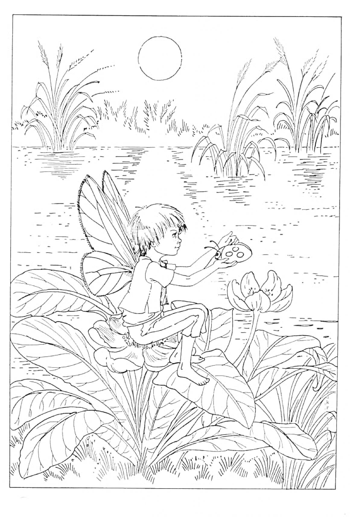 Раскраска Эльф сидит на листке лотоса у пруда с растительностью, держащий бабочку