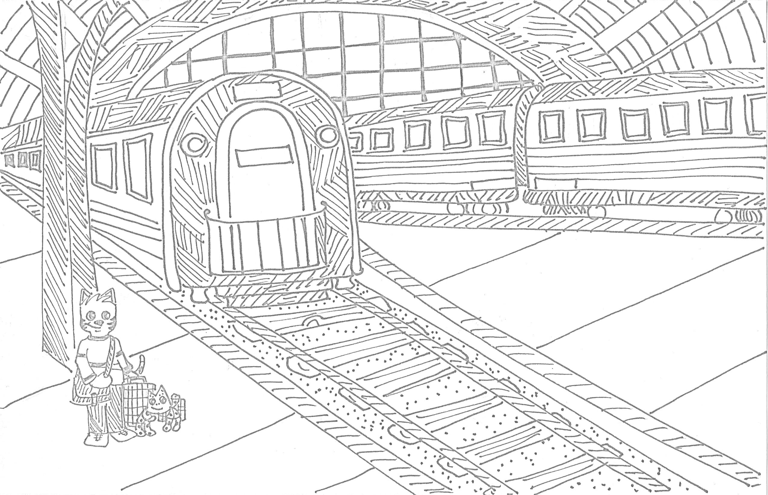Раскраска Вокзал с поездами и антропоморфным котом с чемоданами