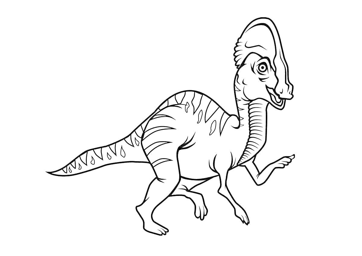 На раскраске изображено: Динозавр, Гребень, Полосы, Передние лапы, Задние ноги