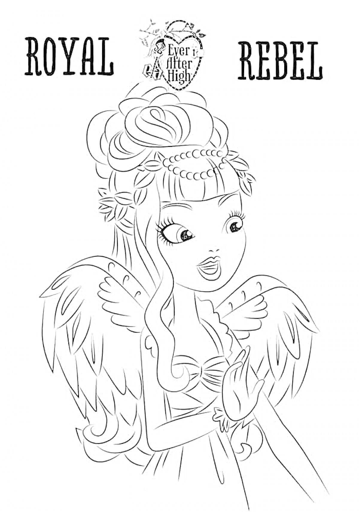 Раскраска Кукла Эвер Афтер Хай с крыльями, украшение на голове, платье, текст Royal Rebel и эмблема Ever After High.