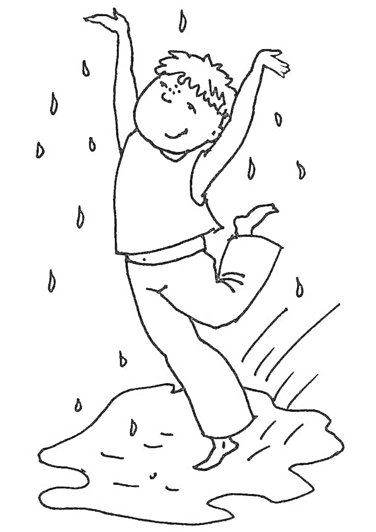 На раскраске изображено: Мальчик, Лужа, Дождь, Брызги, Радость, Веселье, Вода