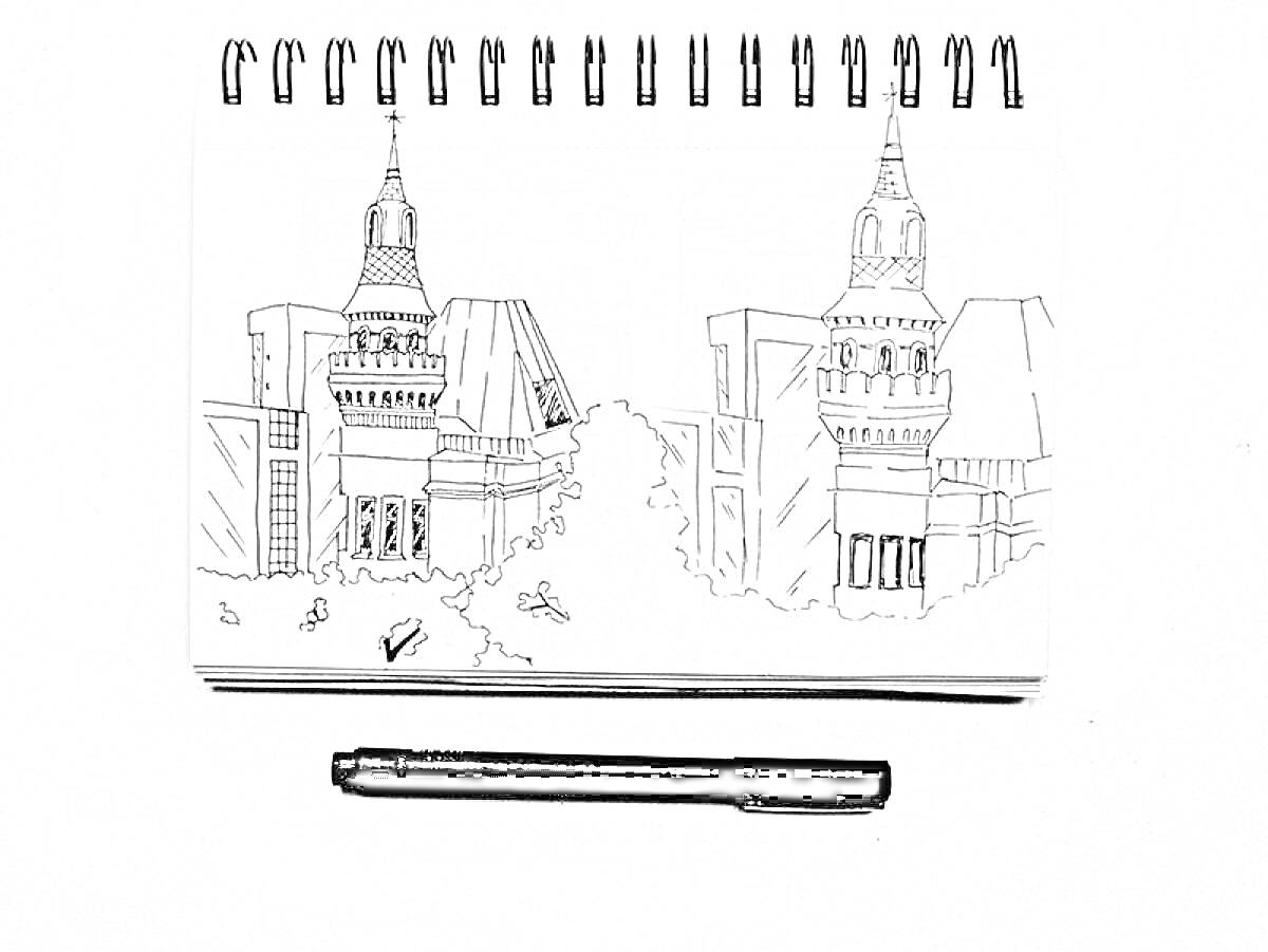 На раскраске изображено: Архитектура, Городской пейзаж, Башни, Скетчбук, Ручка, Набросок