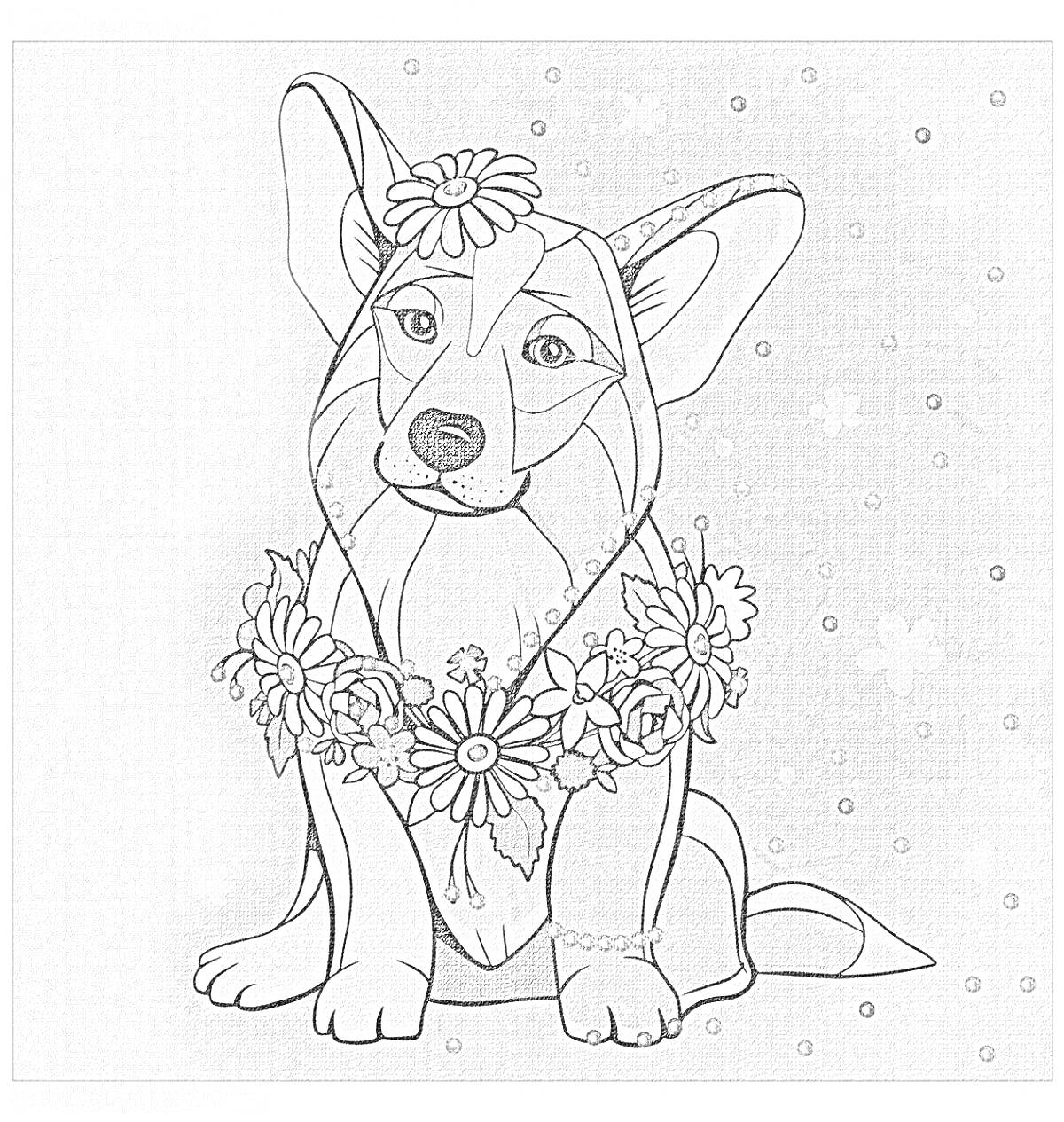 На раскраске изображено: Корги, Собака, Цветы, Ожерелье, Мило, Животные, Декоративный фон