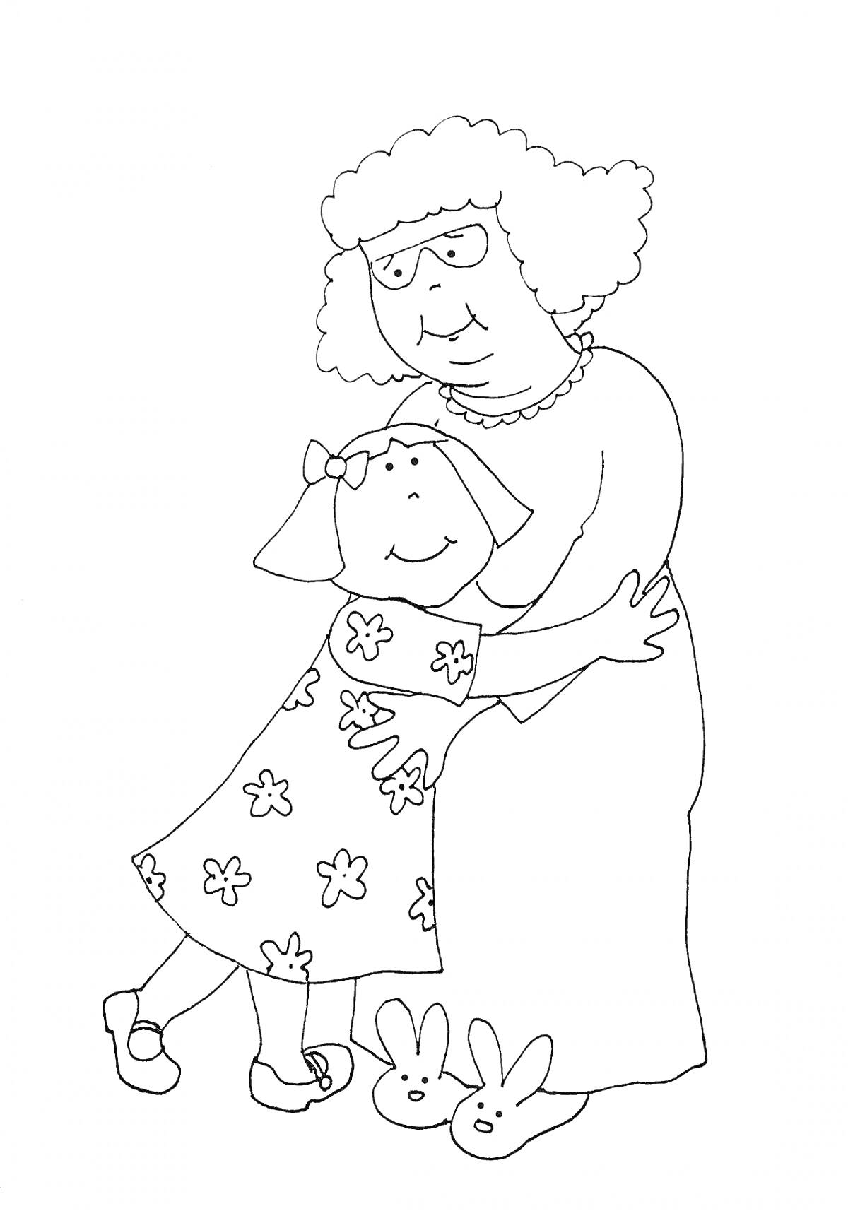 На раскраске изображено: Бабушка, Внучка, Объятия, Очки, Платье, Цветочный узор, Туфли, Тапочки, Семья