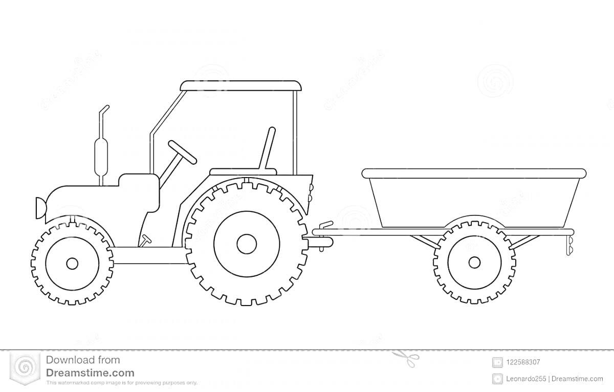На раскраске изображено: Трактор, Прицеп, Колёса, Транспорт, Фермерская техника