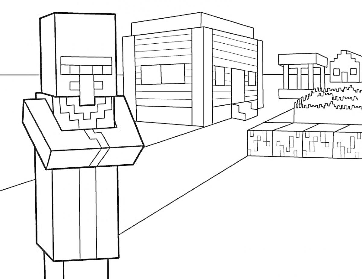Раскраска Житель перед домами и растениями в Майнкрафт