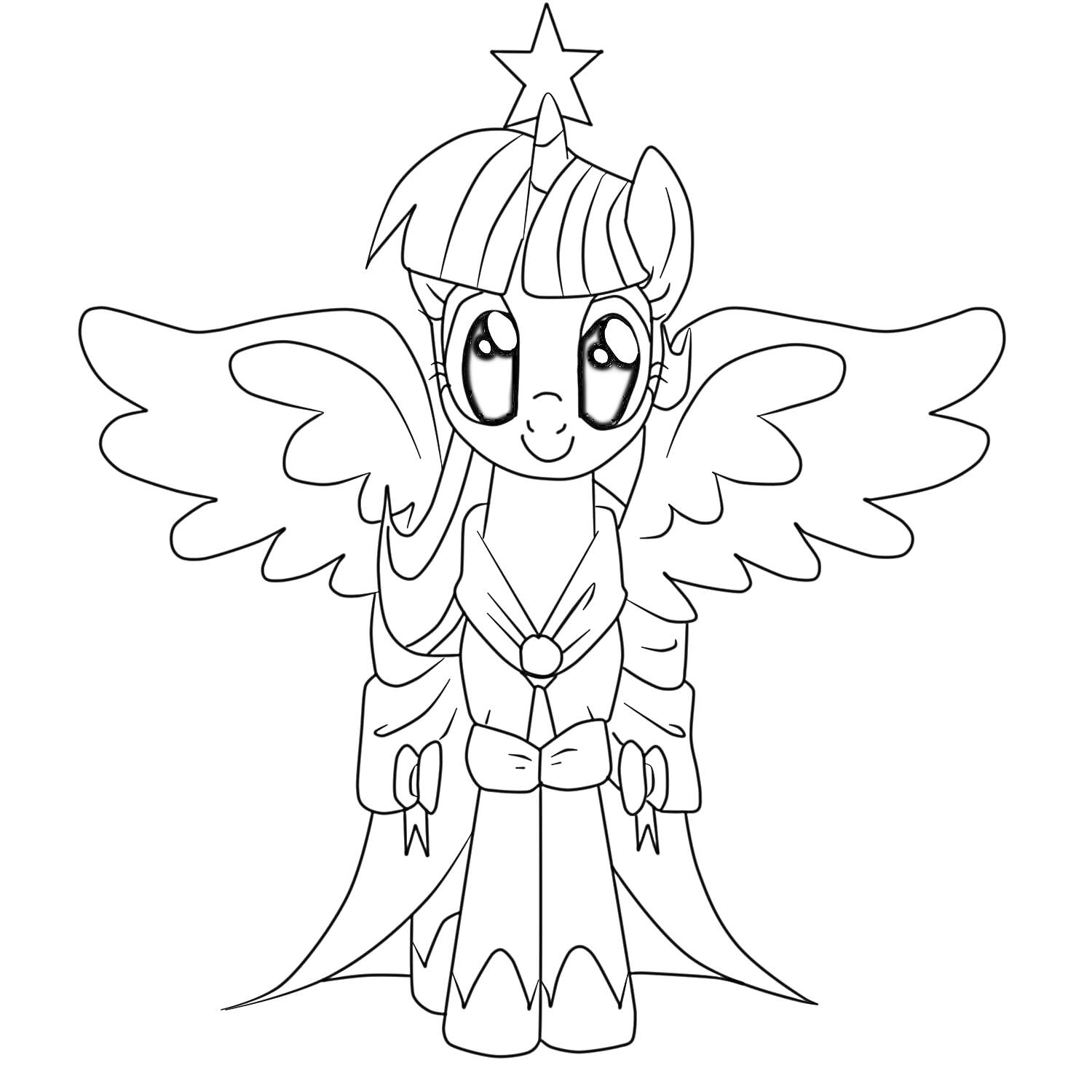 Раскраска Пони с крыльями и звездой, одетая в платье с бантом