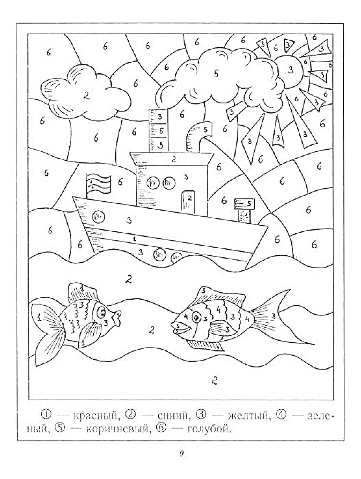 На раскраске изображено: По номерам, Для дошкольников, Корабль, Море, Солнце, Облака, Цифры, Рыба
