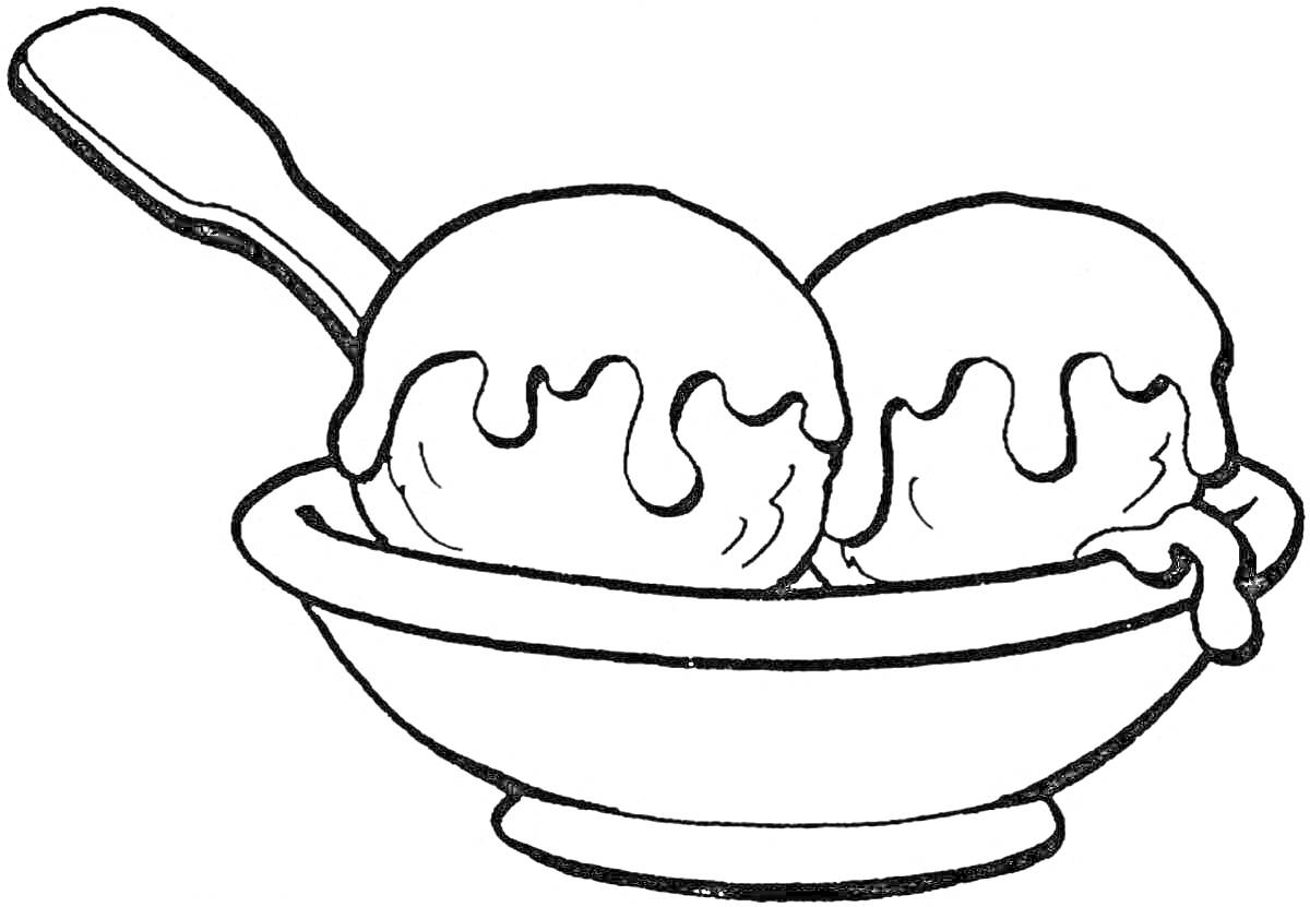 На раскраске изображено: Мороженое, Миска, Ложка, Еда, Сладости, Десерты