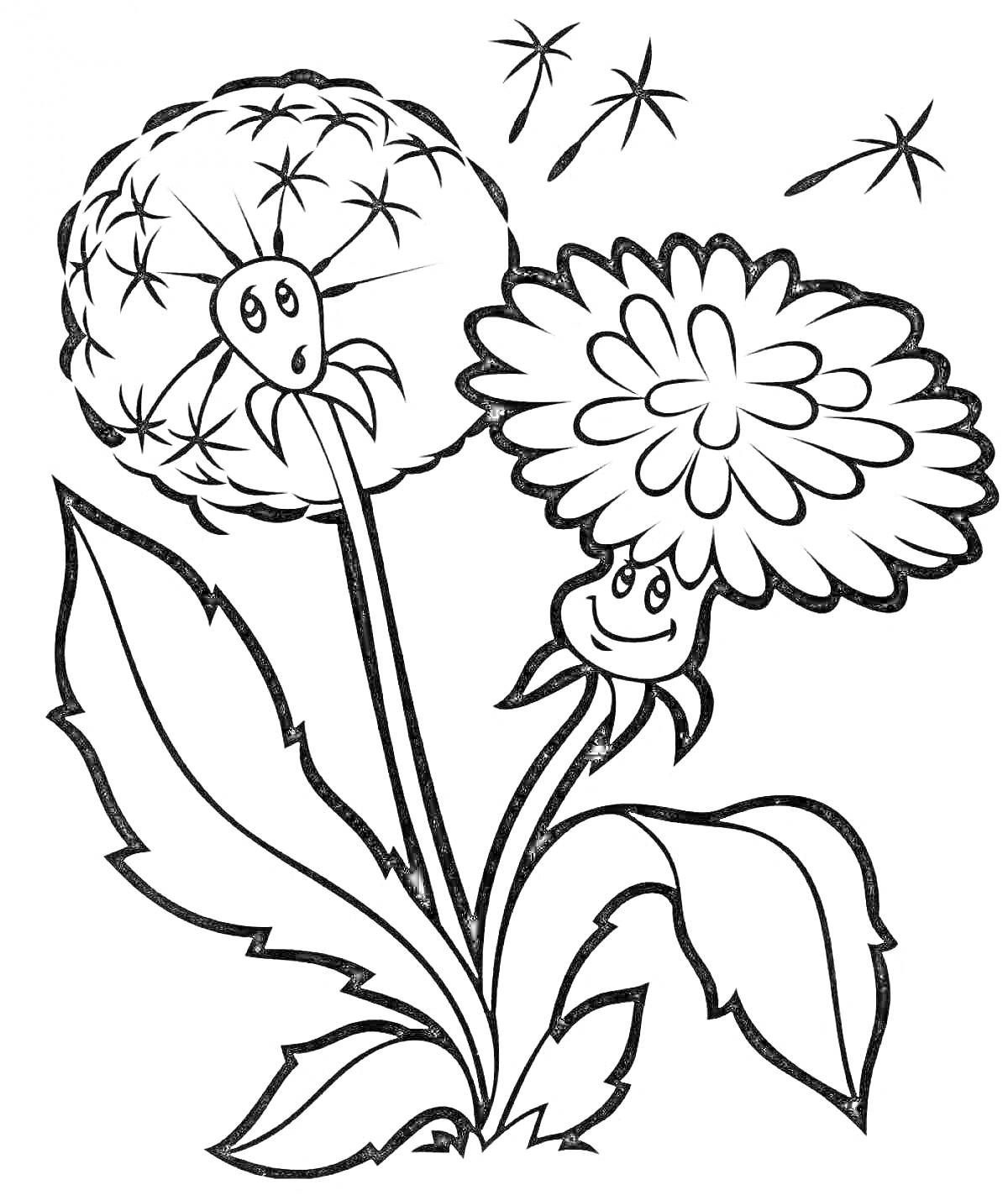 Раскраска Два цветка с улыбающимися лицами и листьями, с улетающими семенами