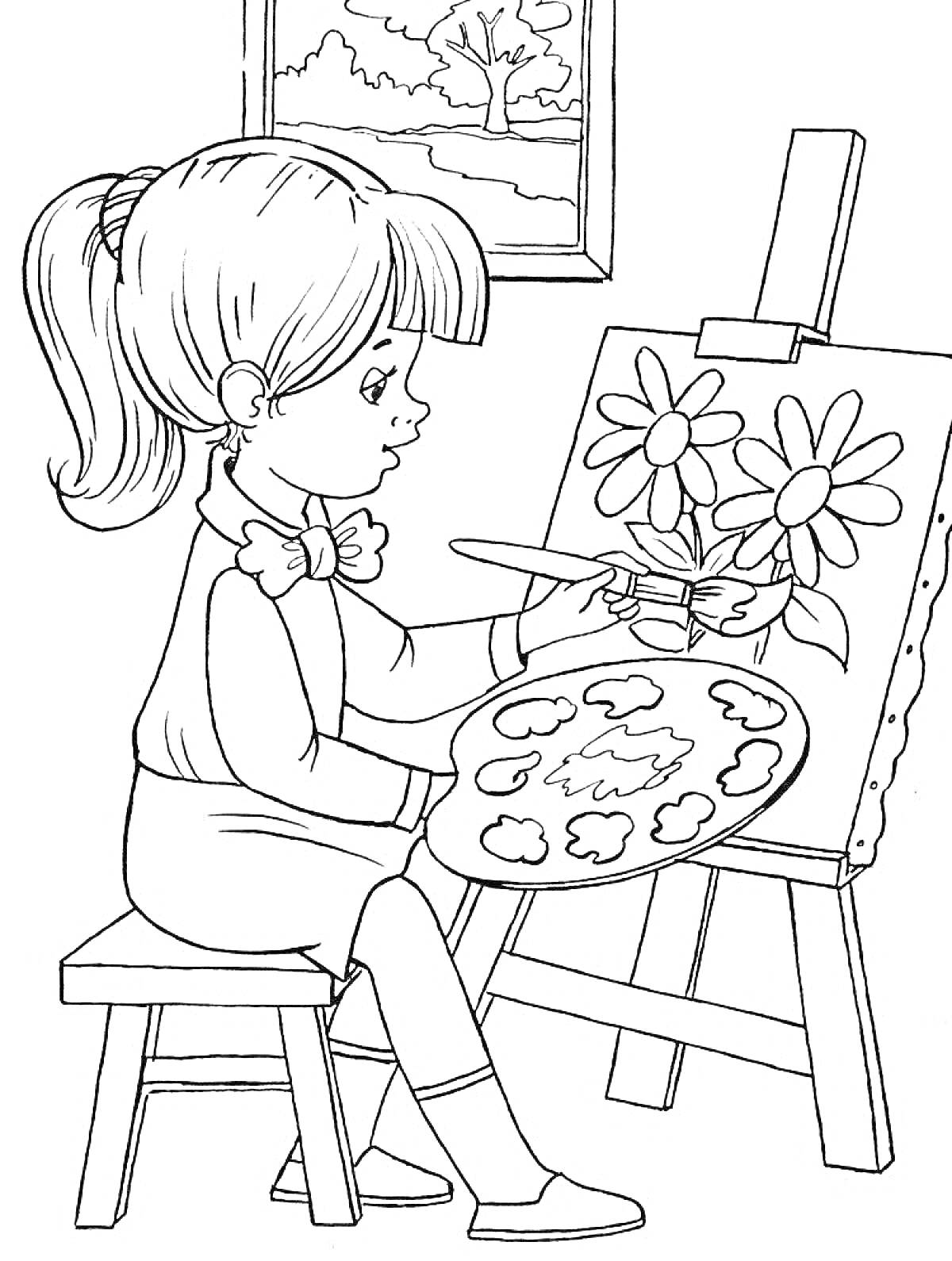 Раскраска Девочка рисует цветы на мольберте