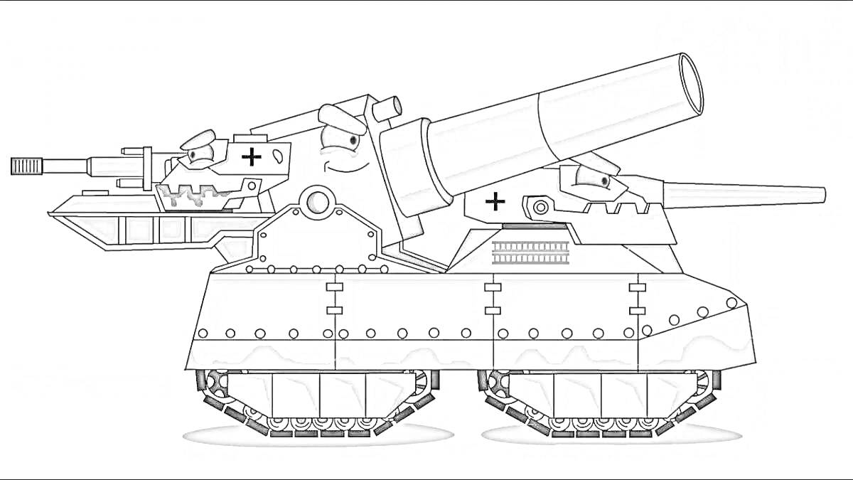 Раскраска Большой танк с двумя пушками и гусеницами