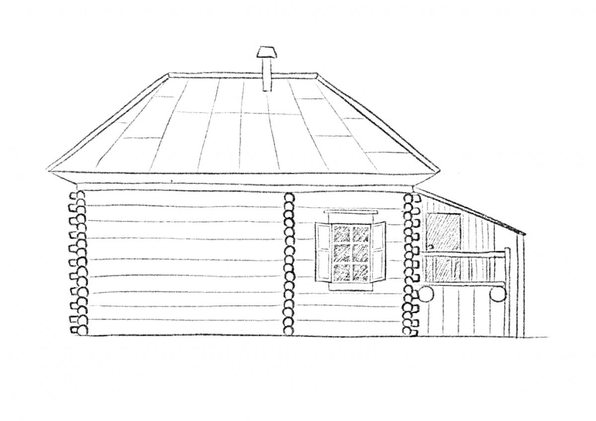 Раскраска Русская изба с деревянной крышей, трубой, окном и дверью на пристройке