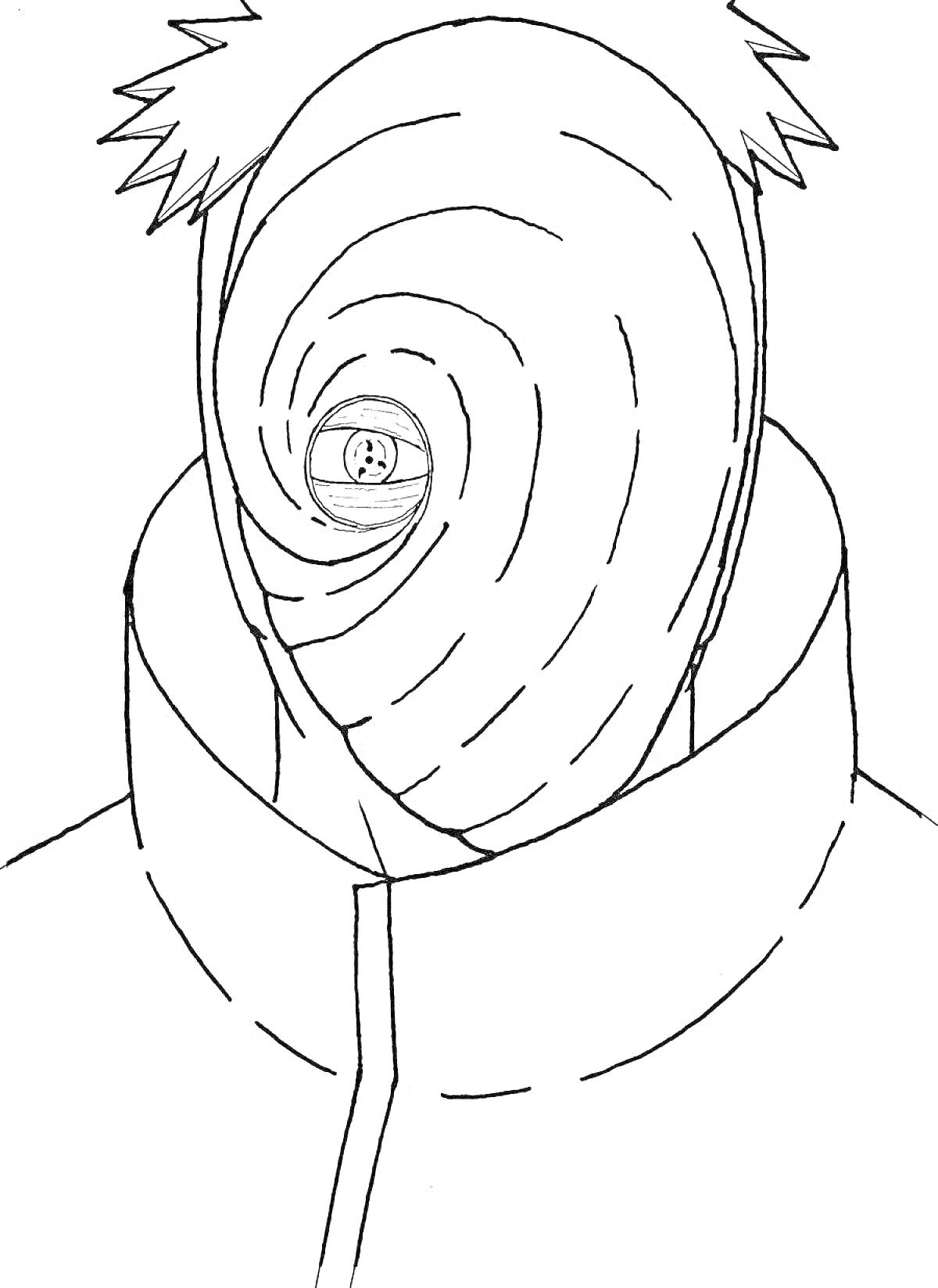 Раскраска Человек с маской в закрученном узоре, глаз с узором шингана, высоко поднятый воротник