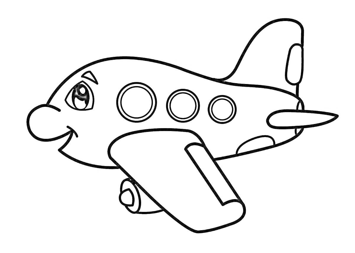 Раскраска Самолет с улыбающейся мордашкой и иллюминаторами