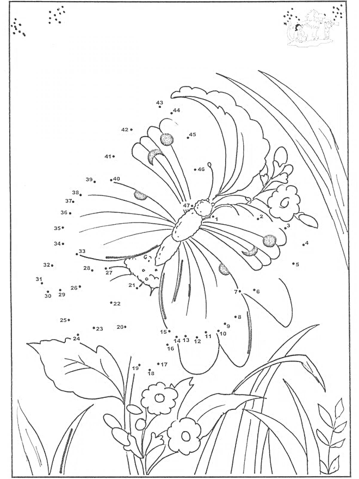 Раскраска Бабочка на цветке с травой и листьями