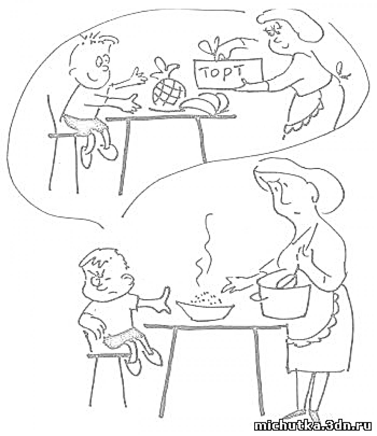 Раскраска Мальчик за столом ждет торт от женщины, но вместо этого получает суп.