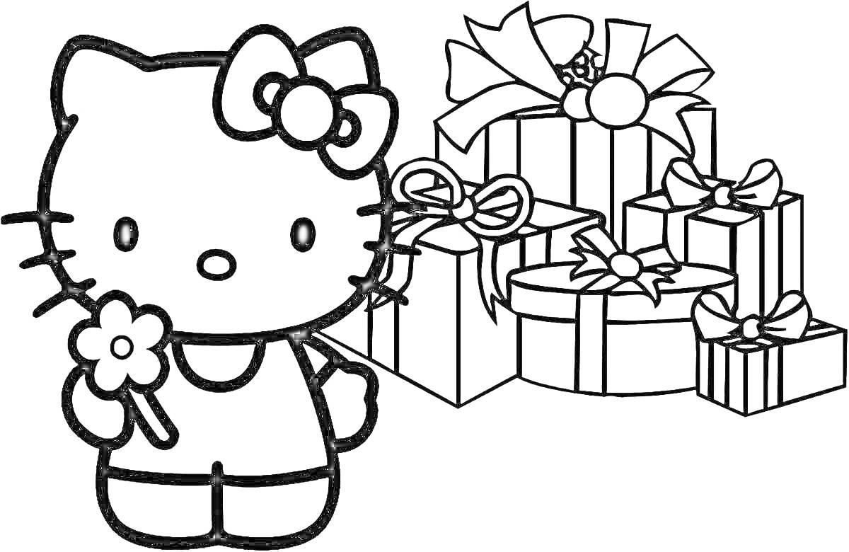 На раскраске изображено: Кошечка, Подарки, День рождения, Банты, Цветы, Коробка, Лента