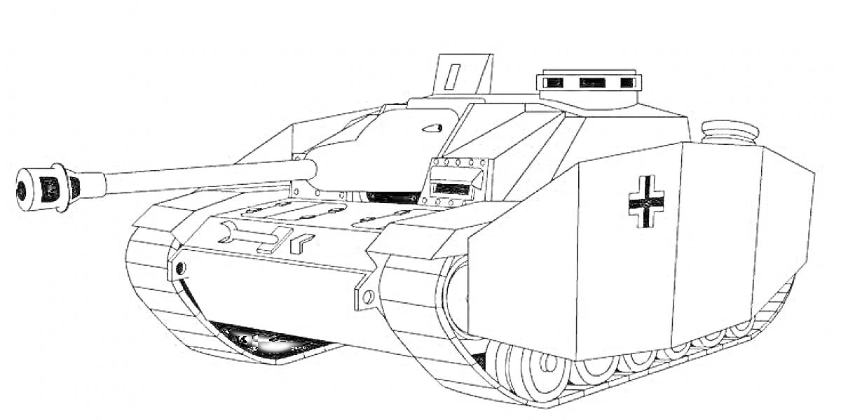 Раскраска Немецкий средний танк с длинным дулом, гусеницами и крестом на борту