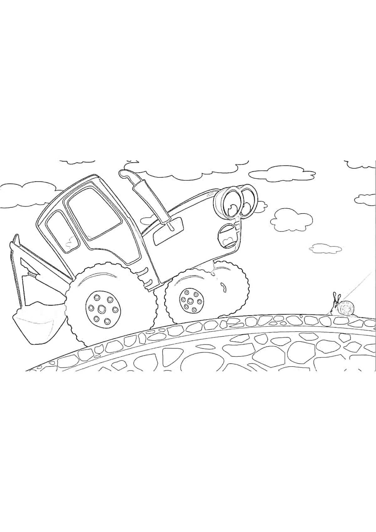 На раскраске изображено: Синий трактор, Трактор, Ковш, Кролик, Облака, Копание, Транспорт, Тяжелая техника