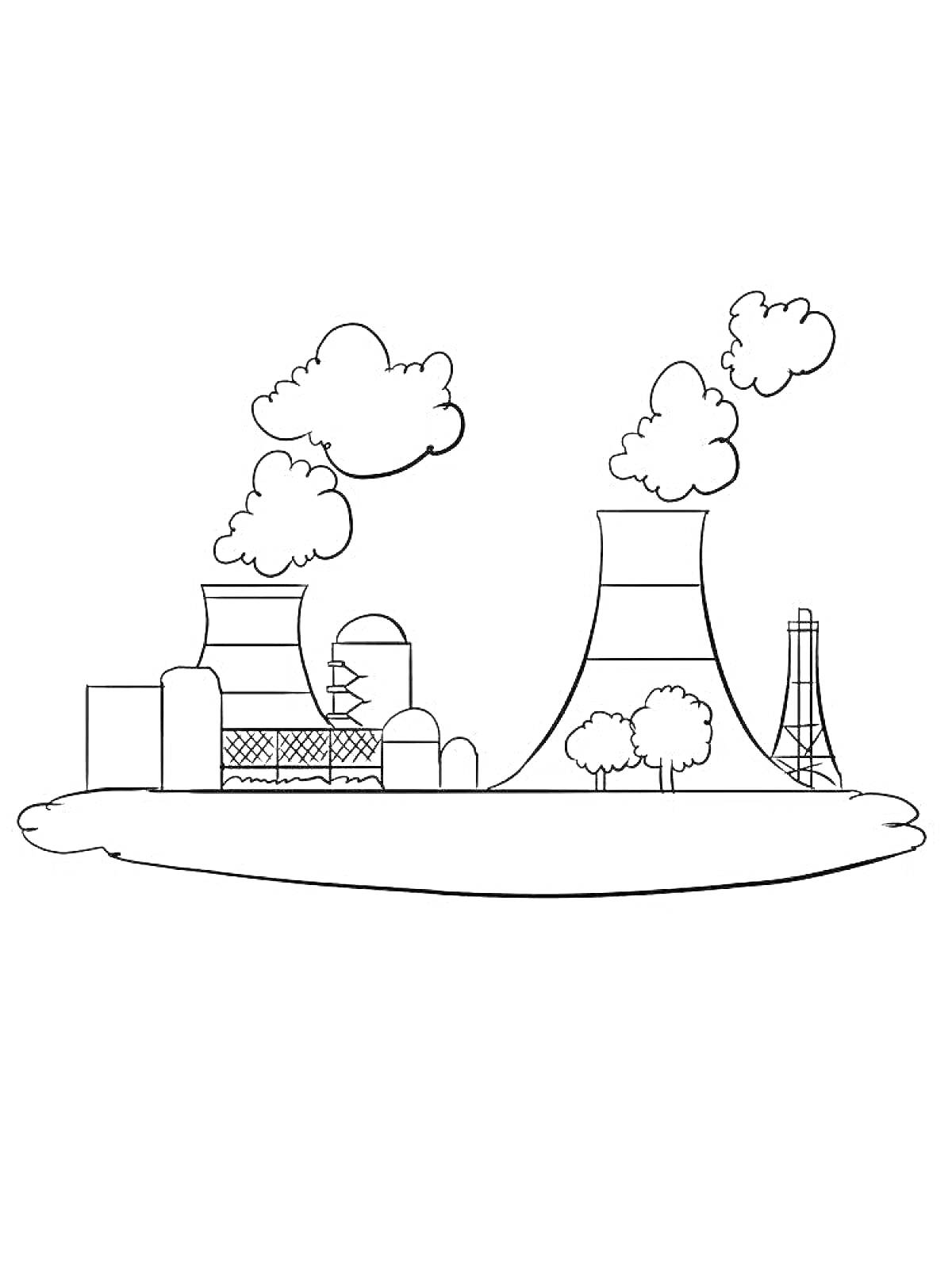 На раскраске изображено: Электростанция, Дым, Облака, Здания, Деревья