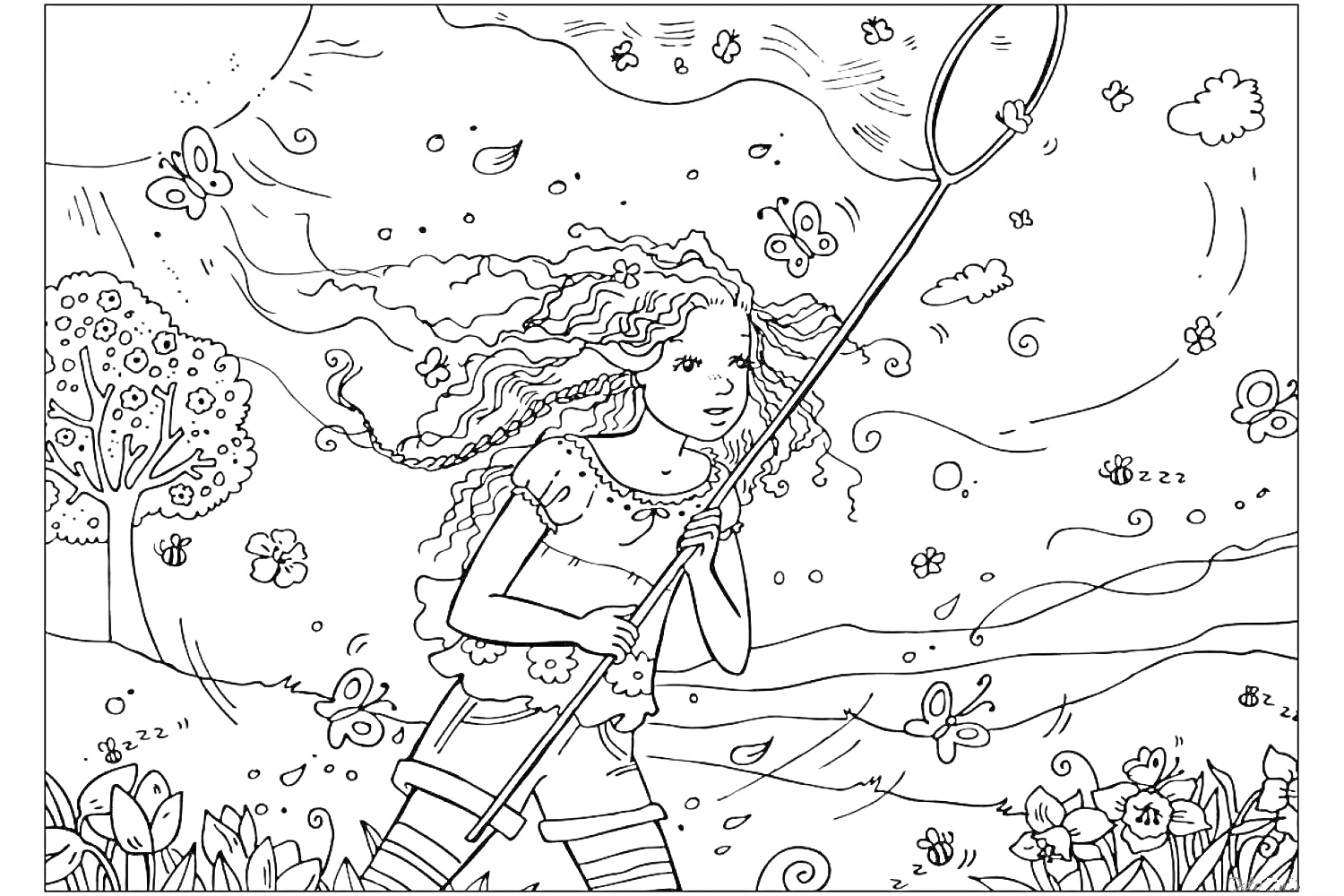 Раскраска Девочка с сачком на фоне летнего пейзажа с цветами, бабочками и деревьями