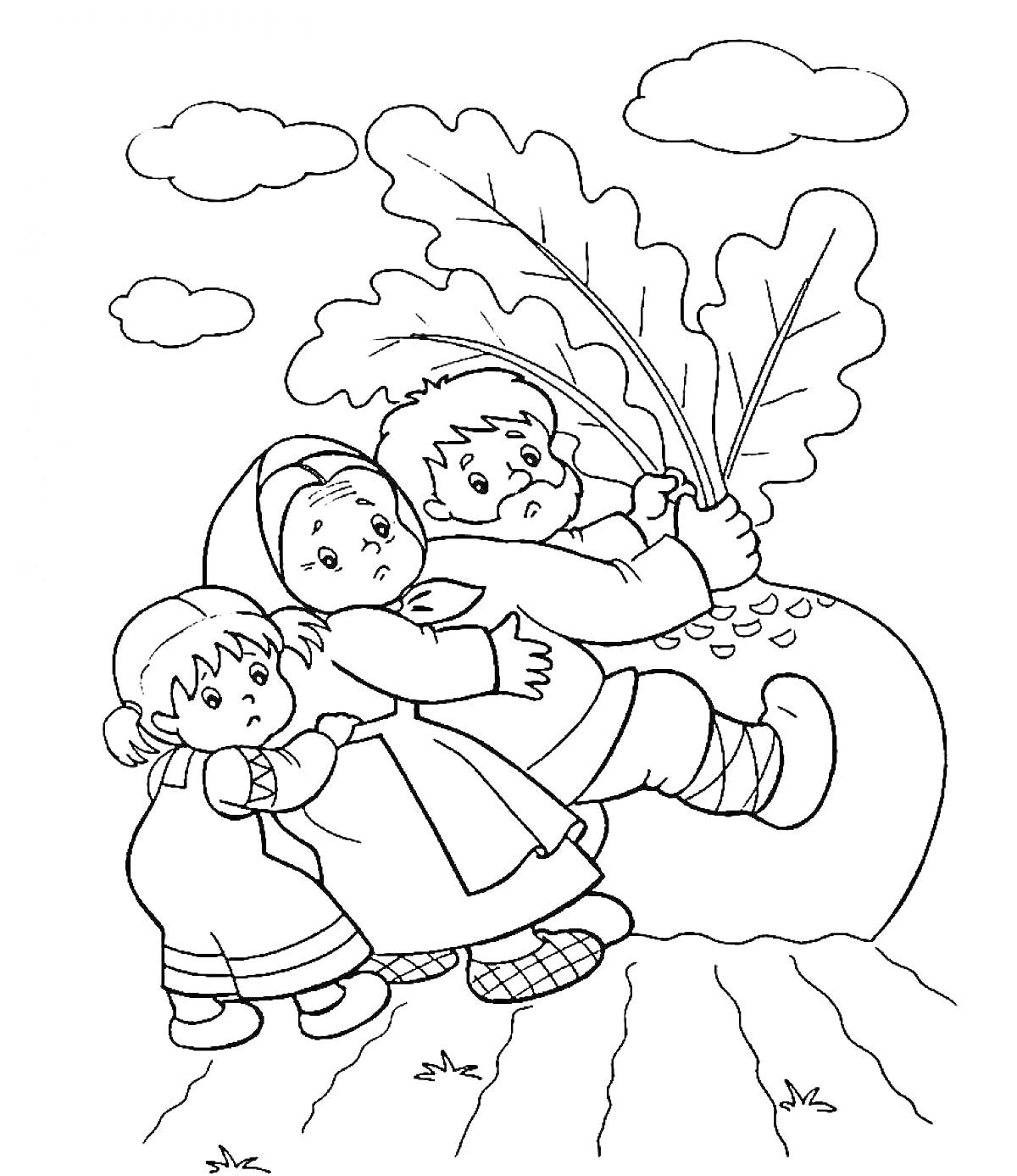 На раскраске изображено: Бабка, Внучка, Из сказок, Поле, Облака, Для детей, Овощи, Репа